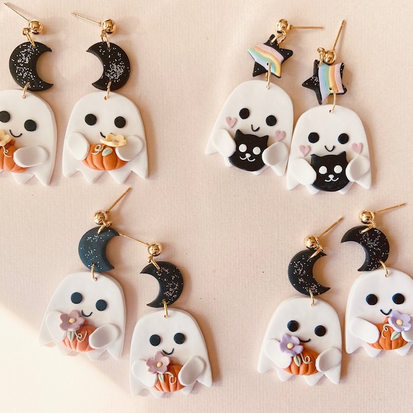 Halloween earrings AU, cute ghost earrings with pumpkin, ghost holding pumpkin earrings, black cat ghost earrings, polymer clay earrings