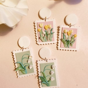 stamp earrings, tulip earrings, lily earrings, flower earrings, floral clay earrings, handmade polymer clay earrings, cute earrings