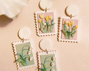 stamp earrings, tulip earrings, lily earrings, flower earrings, floral clay earrings, handmade polymer clay earrings, cute earrings