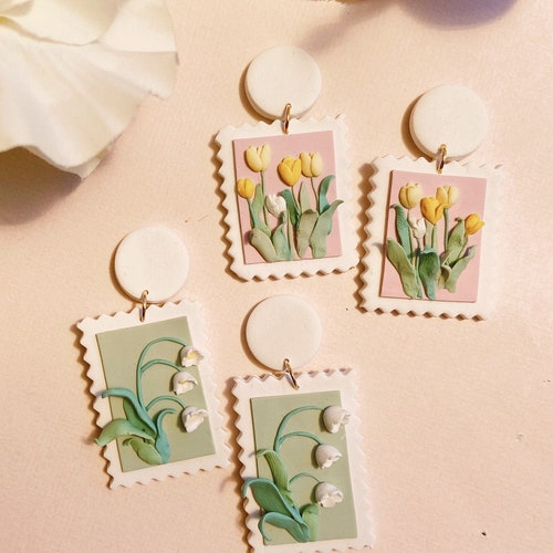 stamp earrings, tulip earrings, lily earrings, flower earrings, floral clay earrings, handmade polymer clay earrings, cute earrings
