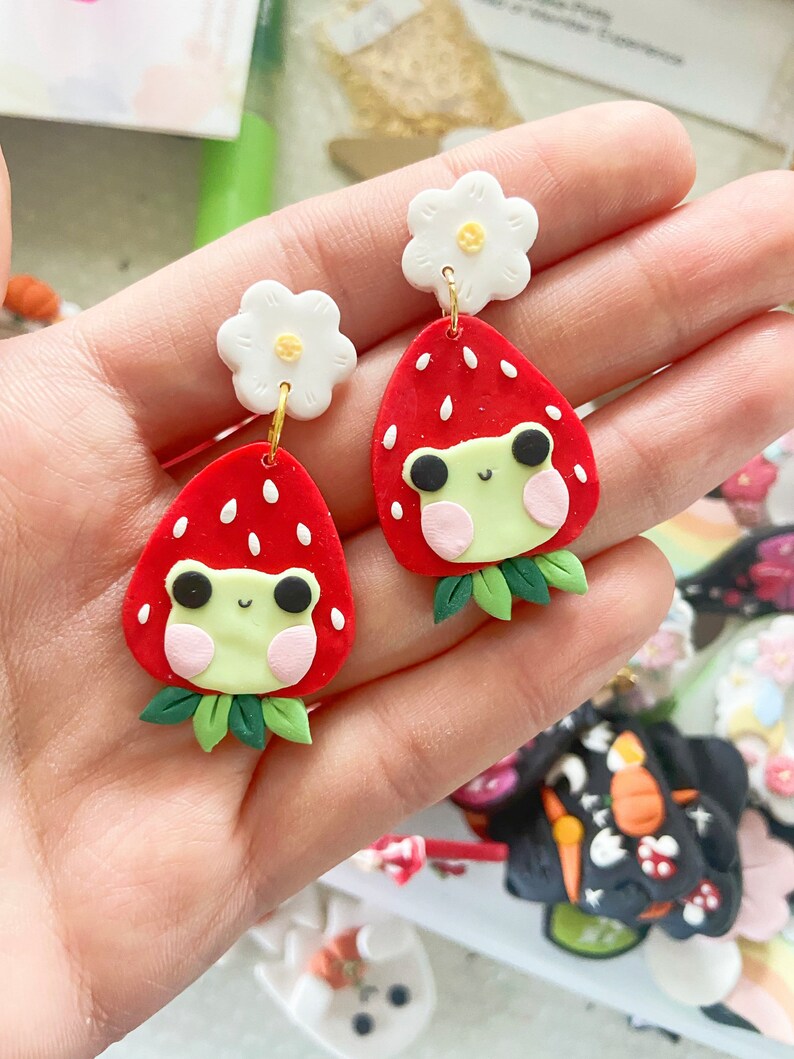 Kawaii Frog Earrings Strawberry Earrings Cute Froggy Etsy