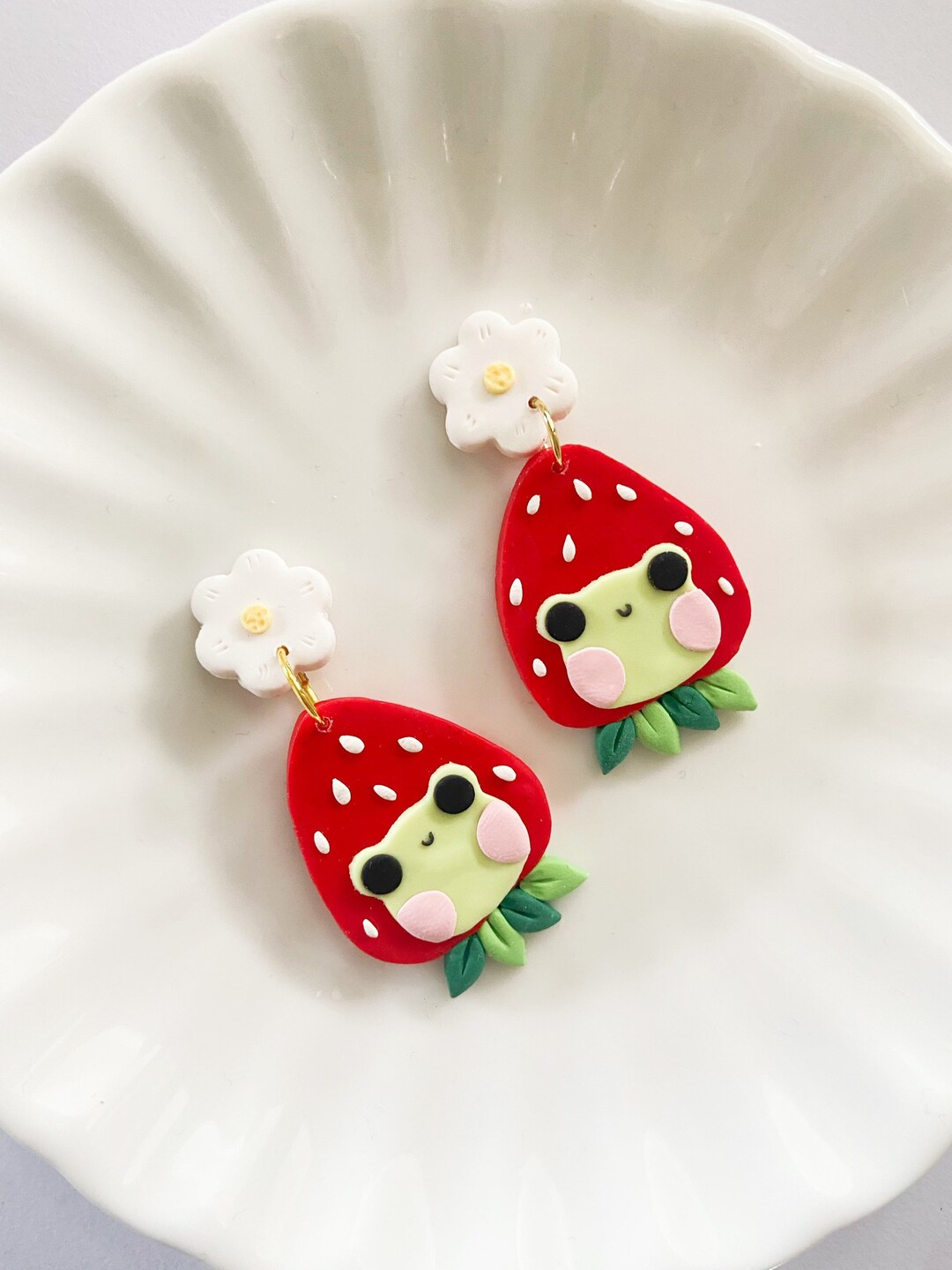Kawaii Frog Earrings Strawberry Earrings Cute Froggy - Etsy