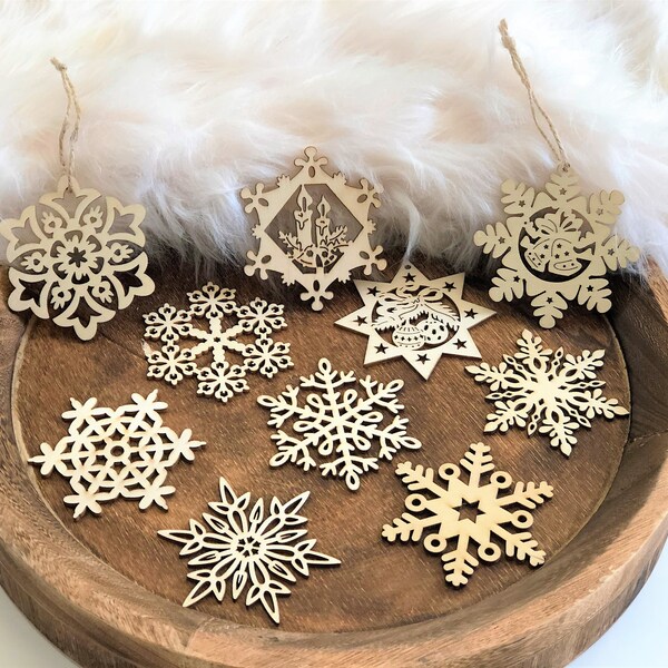 10 pcs Wooden, Laser-cut Snowflake ornaments, beautiful, delicate designs, 10 different designs in a set