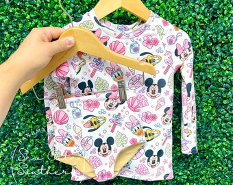 Girls 2 Piece Set - Rashguard & Swim Bottoms - Summer Girl Mouse Friends