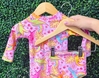 Girls 2 Piece Set - Rashguard & Swim Bottoms - Bright Dinos