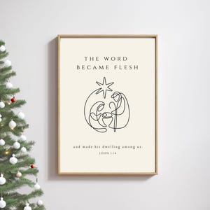 Op de afbeelding: Een minimalistische zwart-witte printbare kunstprint met een lijntekening van de kerststal en de tekst "The Word Became Flesh and made his dwelling among us. John 1:14"