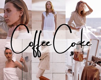 May include: A collage of images featuring a woman in various settings, including a bathroom, a bedroom, and an outdoor space. The woman is wearing different outfits, including a white dress, a white sweater, and a white towel. The text "Coffee Cake" is superimposed over the images.