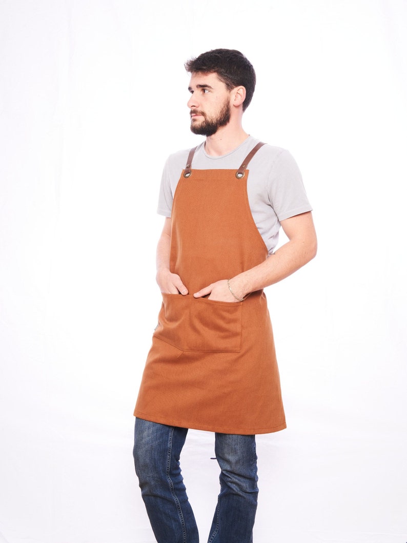 Canvas Apron with Pocket, Modern Adjustable Leather Detailed Aprons, Chef Gifts, Personalized Protective Apron for in Kitchen, Gift image 2