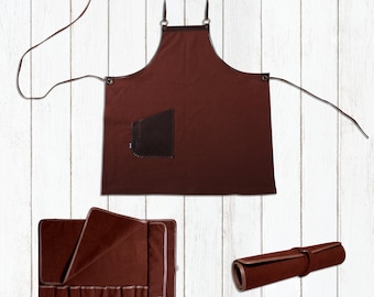 Custom Canvas & Leather Apron with Chef Knife Roll Bag for BBQs and Grilling, Durable and Practical Kitchen Set, Add Your Name or Logo, Gift