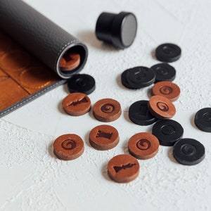 Handmade Leather Chess Checkers Coins Set, Board Game Pieces
