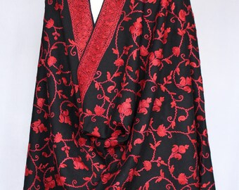 Embroidered Shawl for Women, Black Kashmiri Shawl, Black Wool Scarf, Black Embroidered Shawl, Hand-embroidered by Kashmiri Artisans.
