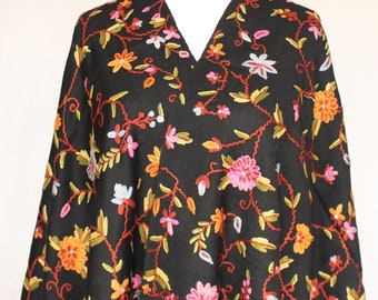 Black Embroidered Scarf, Black Kashmiri Shawl, Black wool Scarf, Hand-embroidered by Kashmiri Artisans.