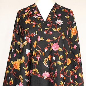 Black Embroidered Scarf, Black Kashmiri Shawl, Black wool Scarf, Hand-embroidered by Kashmiri Artisans.