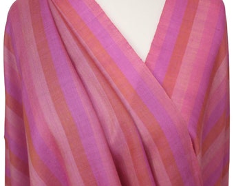 Handwoven Kashmir Pashmina Shawl, Pink Striped Cashmere Scarf