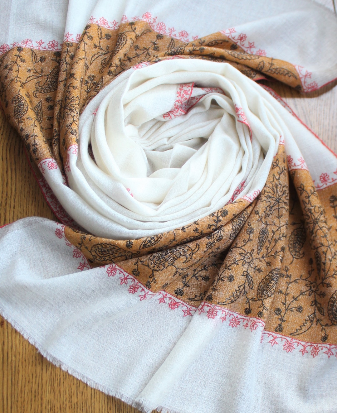 Embroidered Pashmina Shawl, White Pashmina Shawl, Pure Cashmere Scarf, Handwoven Cashmere