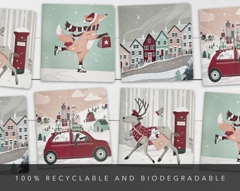 4 Illustrated Christmas Greetings Card Quad Pack // Christmas Scenes // 100% recyclable and biodegradable // Driving home for Christmas