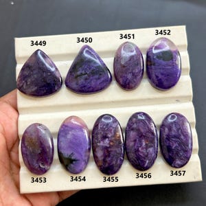 Puede incluir: Colección de nueve piedras preciosas de charoíta pulidas en varias formas, incluyendo ovaladas y triangulares. Las piedras muestran una gama de tonos púrpuras con patrones arremolinados e inclusiones oscuras. Cada piedra está numerada.