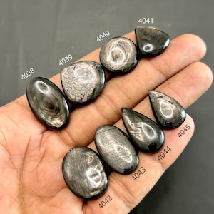 Pode incluir: Uma coleção de pedras preciosas de obsidiana preta polida em várias formas, incluindo oval, gota e redonda. Cada pedra tem um brilho metálico reflexivo e é numerada para identificação. As pedras preciosas são exibidas em uma mão.