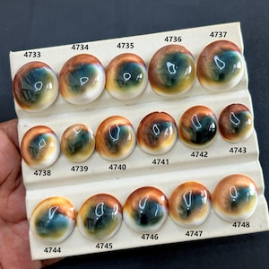May include: A selection of polished cabochon gemstones, displaying a variety of brown, green, and cream patterns. The gemstones are presented on a white display card, with each stone individually numbered.