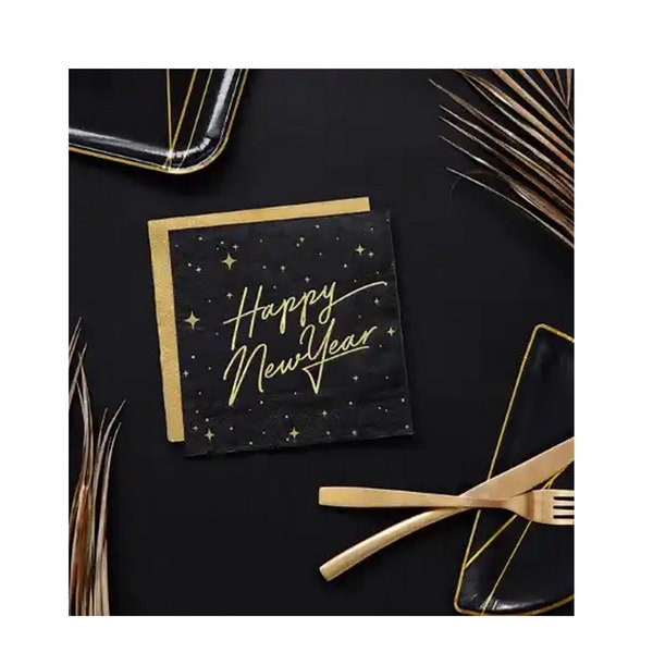 Servietten Silvester Happy New Year 20 Stück gold schwarz Tischdeko Gedeckter Tisch Silvester