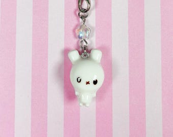 White Bunny Chibi Character Clay Phone Charm Handmade