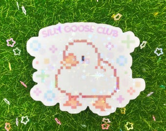 Meme kawaii del Club del Ganso Tonto, arte pixelado, vinilo troquelado