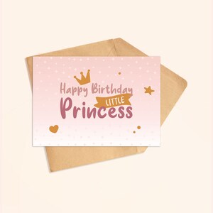 Princess happy birthday card in pink and gold and FREE envelope template - printable, instant digital download