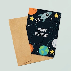 Cartão de aniversário com tema do espaço sideral e modelo de envelope GRATUITO - para impressão e download digital instantâneo
