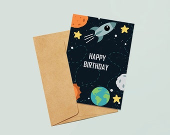 Outer space themed birthday card and FREE envelope template - printable, instant digital download