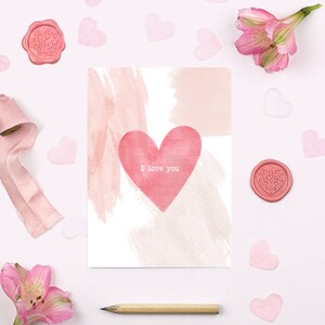 Watercolor valentines day card, love you, romantic, engagement card with free gift label and envelope template - printable, instant download