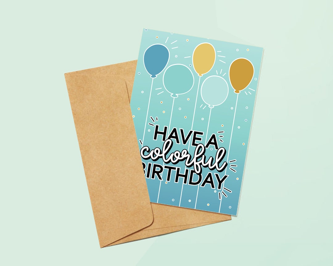 Colorful Birthday Card With Blue Gradient and Baloons and FREE Envelope ...
