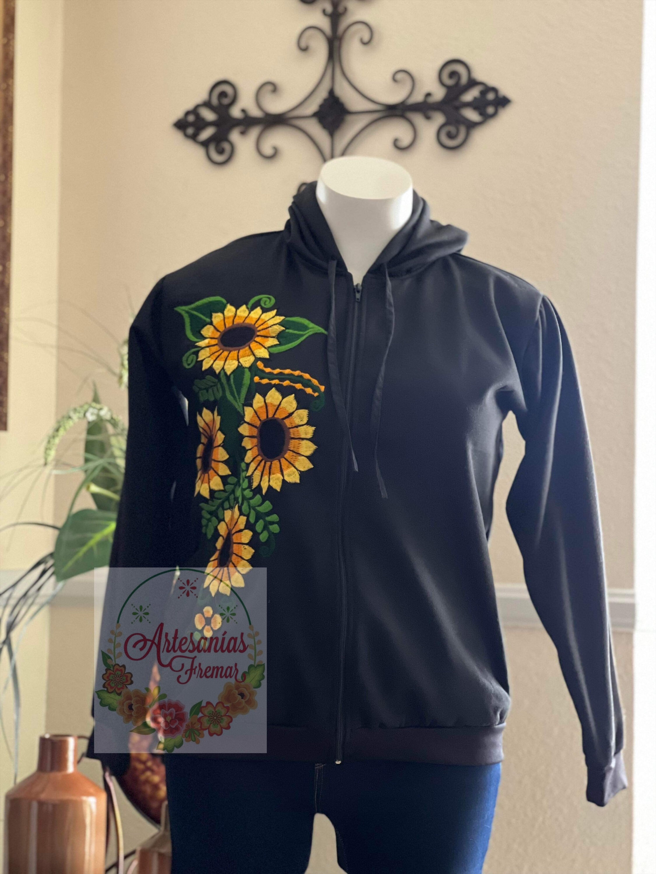 Starcove Sunflower Zip Up Hoodie, Yellow Black Flowers Floral Front Zip Pocket Men Women Adult Aesthetic Graphic Cotton Hooded Sweatshirt 3XL