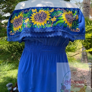 Blusa Girasol, Blusa campesina con bordado de girasol hermoso, bordado multicolor, bordado girasol amarillo, blusas mexicanas