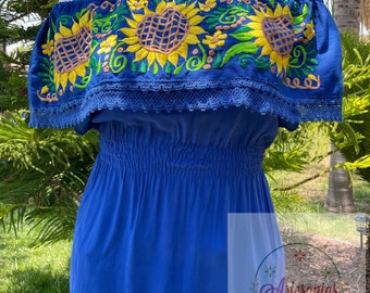 Blusa Girasol, Blusa campesina con bordado de girasol hermoso, bordado multicolor, bordado girasol amarillo, blusas mexicanas