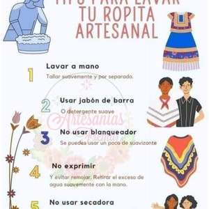 May include: A colorful infographic with five steps for washing handmade clothing. The steps are: 1. Wash by hand, 2. Use bar soap or mild detergent, 3. Do not use bleach, 4. Do not wring, and 5. Do not use a dryer. The infographic includes illustrations of people washing clothes and examples of handmade clothing.