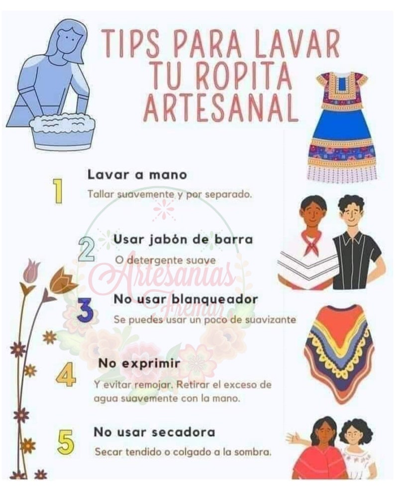 May include: A colorful infographic with five steps for washing handmade clothing. The steps are: 1. Wash by hand, 2. Use bar soap or mild detergent, 3. Do not use bleach, 4. Do not wring, and 5. Do not use a dryer. The infographic includes illustrations of people washing clothes and examples of handmade clothing.