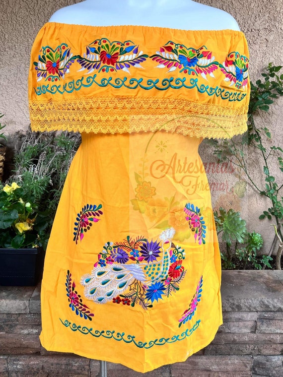 VESTIDO PAVO REAL Bordado Mexicano Campesina, Vestido de fiesta