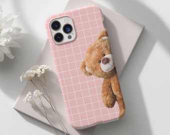 Teddy Bear Grid Pink Phone Case, Kawaii Bear Doll, Brown Bears Phone Case,  iPhone 16 15 14 13 12 Pro, Plus, X, Samsung Galaxy S24 S23 Ultra