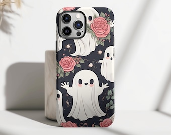 Adorable Ghosts & Roses Phone Case, Cute Fall Spooky Halloween Cover, iPhone 15 pro max, 14 plus, 13, 12, 11, 8, 7, X Samsung Galaxy, Pixel
