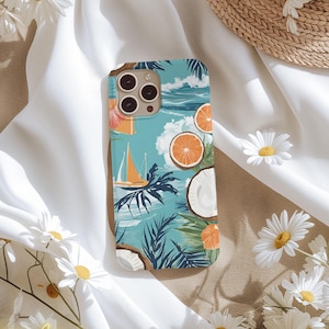 Ocean Beachy Coconut Girl Collage Phone Case, Cute Tropical Seashell Summer, iPhone 15 14 13 12 11 Pro Max 8 Plus X, Samsung Galaxy S23