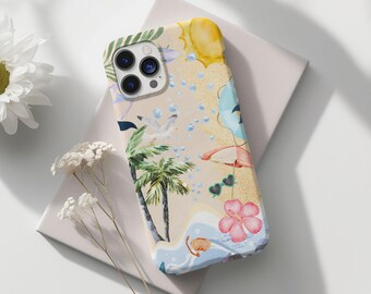 May include: A phone case with a summer theme. The case features a beach scene with palm trees, a sun, sunglasses, and a flower. The case is white with a light brown background.