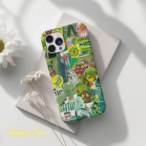 Vintage Green Grocery Collage Phone Case, Retro Food Label Art, Quirky Fruit Vegetable Collage Trendy Case, iPhone 15 14 13 12 11 Pro Max