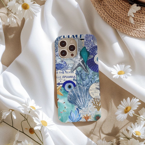 Beachy Blue Coquette Collage Phone Case, Cute Preppy and Aesthetic, iPhone 15 14 13 12 11 Pro Max 8 Plus X, Samsung Galaxy S23 S22 S20 Ultra