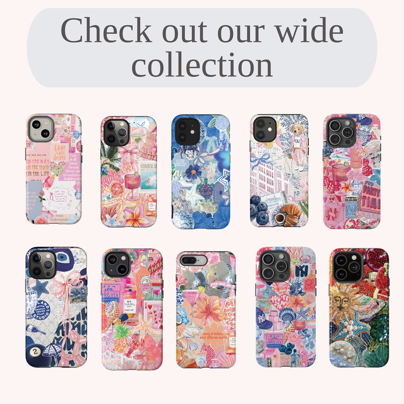 May include: A collection of 10 colorful phone cases with different designs. The cases feature a variety of patterns, including floral, geometric, and abstract designs. The cases are all in a pink, blue, and white color scheme.