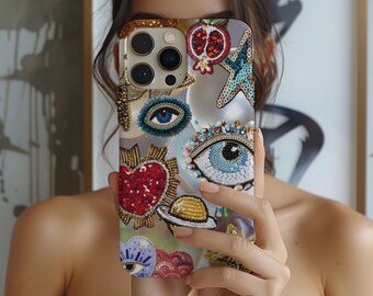 Evil Eye Mosaic Phone Case,Vintage Mosaic Art,Colorful Festival Phone Case, iPhone 16 15 14 13 12 11 Pro Max 8 Plus X, Samsung Galaxy S24