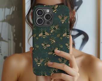 Bee Phone Case Dark Green Gold iPhone Case Vintage Botanical Design Honeybee Pattern Nature Lover Gift Elegant Bumblebee Aesthetic