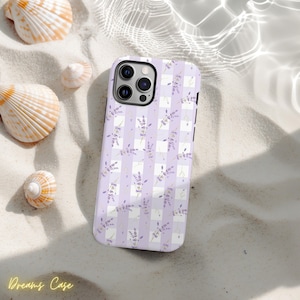 Lavender Gingham Phone Case, Purple Floral iPhone Case, Cottagecore Lavender Samsung Cover, Coquette Bow Flower Phone Case