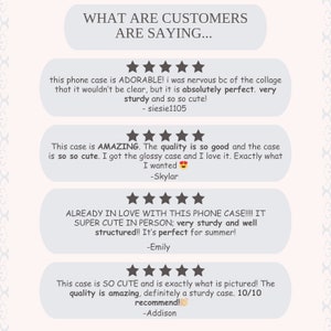 May include: A collage of customer reviews for a phone case. The reviews are all positive and highlight the quality, cuteness, and sturdiness of the case. The reviews include text and star ratings.