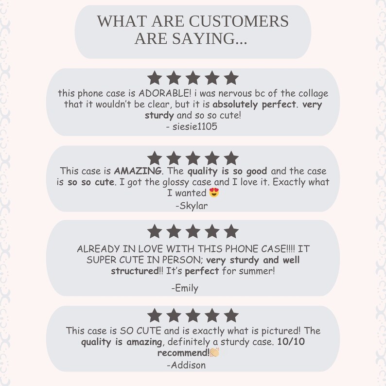 May include: A collage of customer reviews for a phone case. The reviews are all positive and highlight the quality, cuteness, and sturdiness of the case. The reviews include text and star ratings.