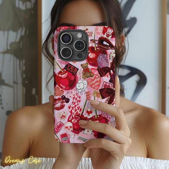 Cherry Collage Phone Case, Valentine Case, Coquette Pink Tough Case, Retro Y2K Lovergirl Style, Cute Cherry iPhone 17 16 15 14 13 12 11
